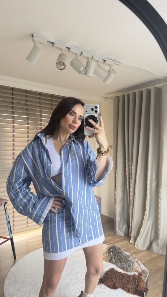 Çizgili etek gömlek takım